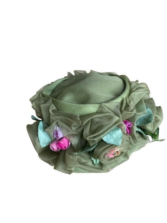 Vintage Style Green Hat Chiffon Covered Crown Of Flowers Garden Tea main image 7